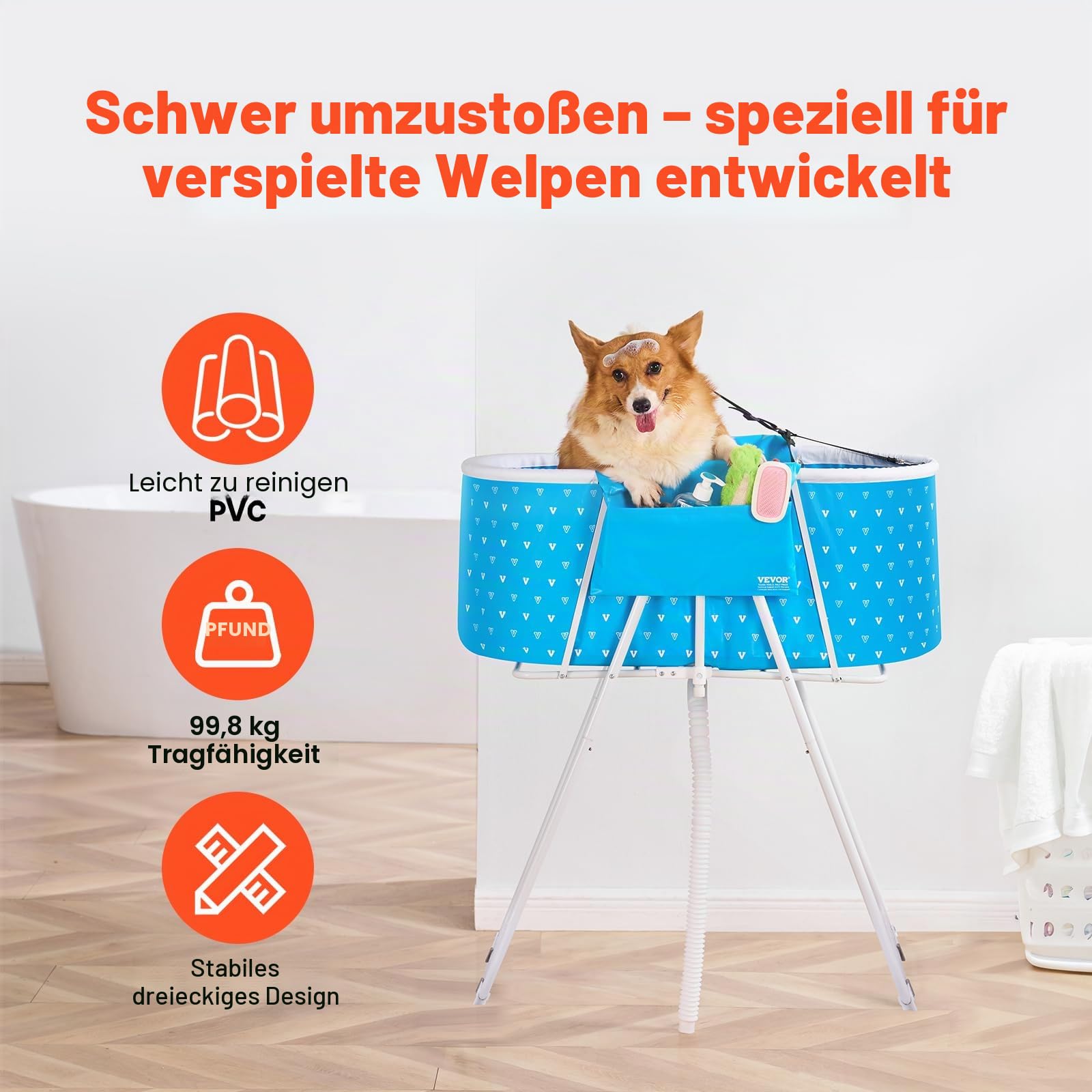 VEVOR Tragbare Hundebadewanne, erhöhte & zusammenklappbare, Haustierbadewanne mit Schnellentwässerung, Badewanne zum Waschen & Pflegen Kleiner & mittelgroßer Hunde und Katzen, Hellblau