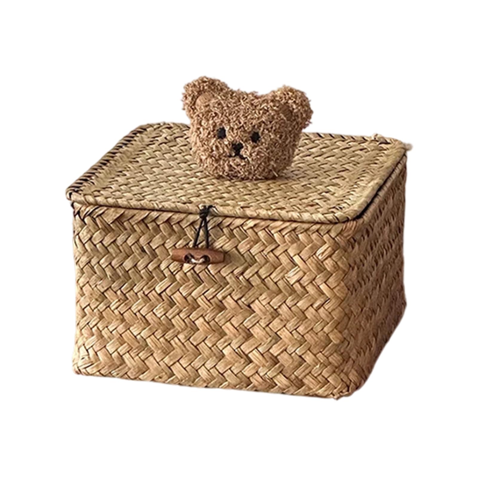 Zxfdsfdbnm Woven Seagrasses Basket with Dustproof Cover and Lovely Bear Ornament Natural Woven Storage Box Storage Basket Square