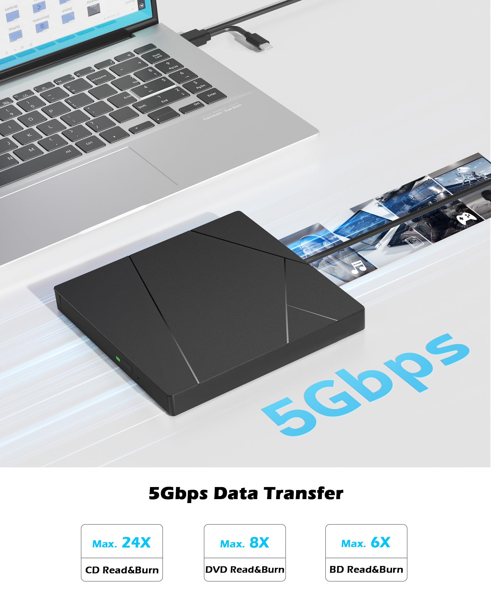 Wbacon Unidad Blu ray externa con cable de datos de extensión USB 3.0 tipo C | Unidad de DVD Blueray externa para PC, grabadora externa Bluray compatible con Windows/MacOS/Linux Laptop Desktop
