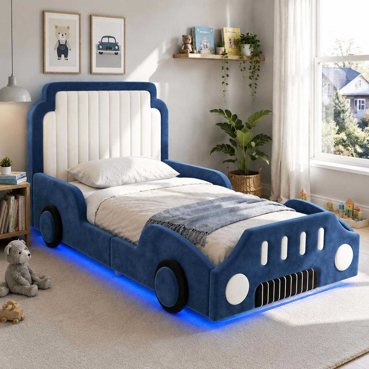 Polsterbett Einzelbett 90x200cm, Autoförmiges Design, Kinderbett mit LED und Schutzgeländer, Aufregendes Auto Kinderbett für kleine Rennfahrer, Kinder Spielbett mit Lattenrost, Samt (Blau-1, 90x200CM)