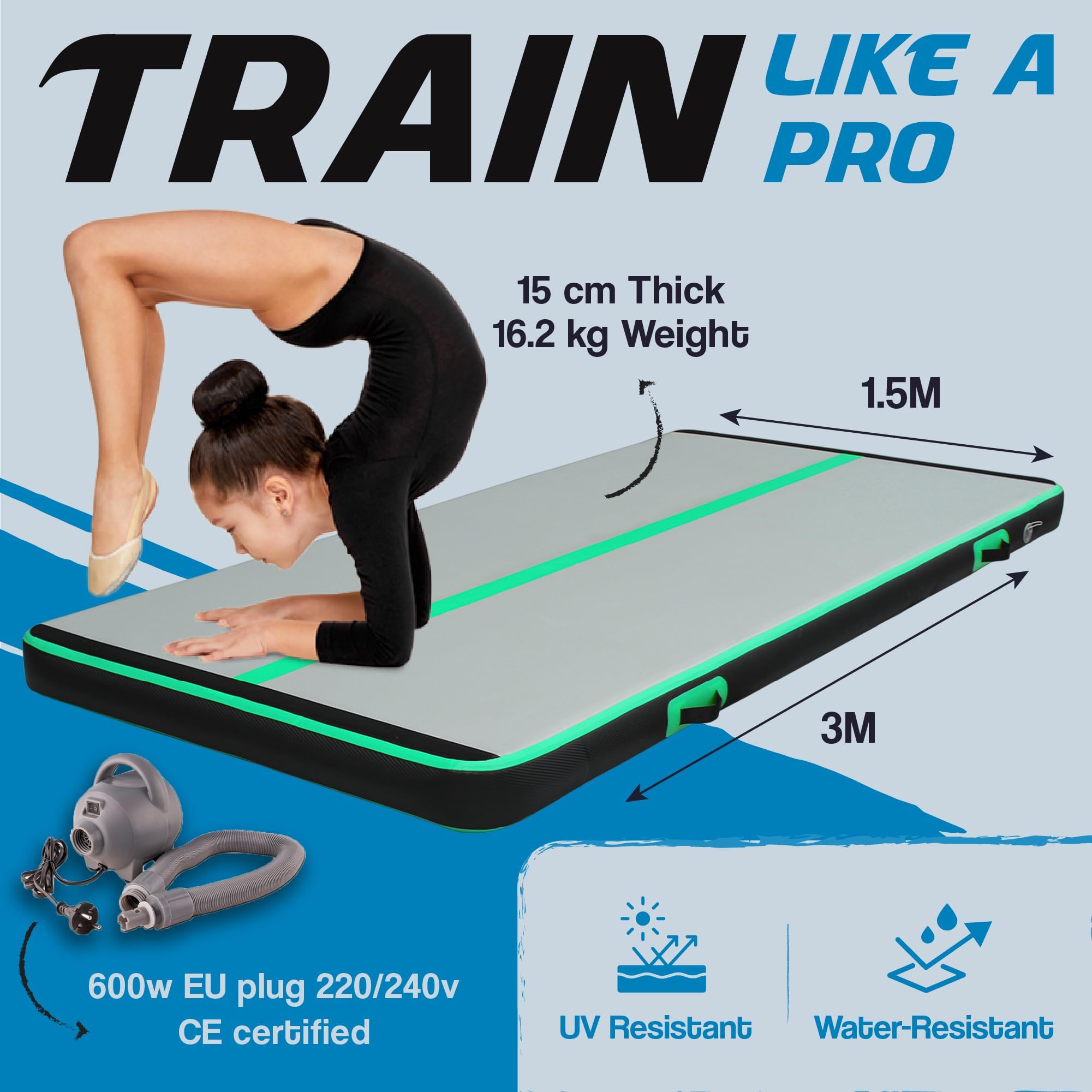 AirTrack Nordic Carbon - Air Track Matte 3m/4m/5m/6m/8m mit Luftpumpe, Aufblasbare Gymnastikmatte Zuhause, besten für Gymnastik & Cheerleading, 1.5m breit & 15cm dick Air Tracking Matte, Turnmatte