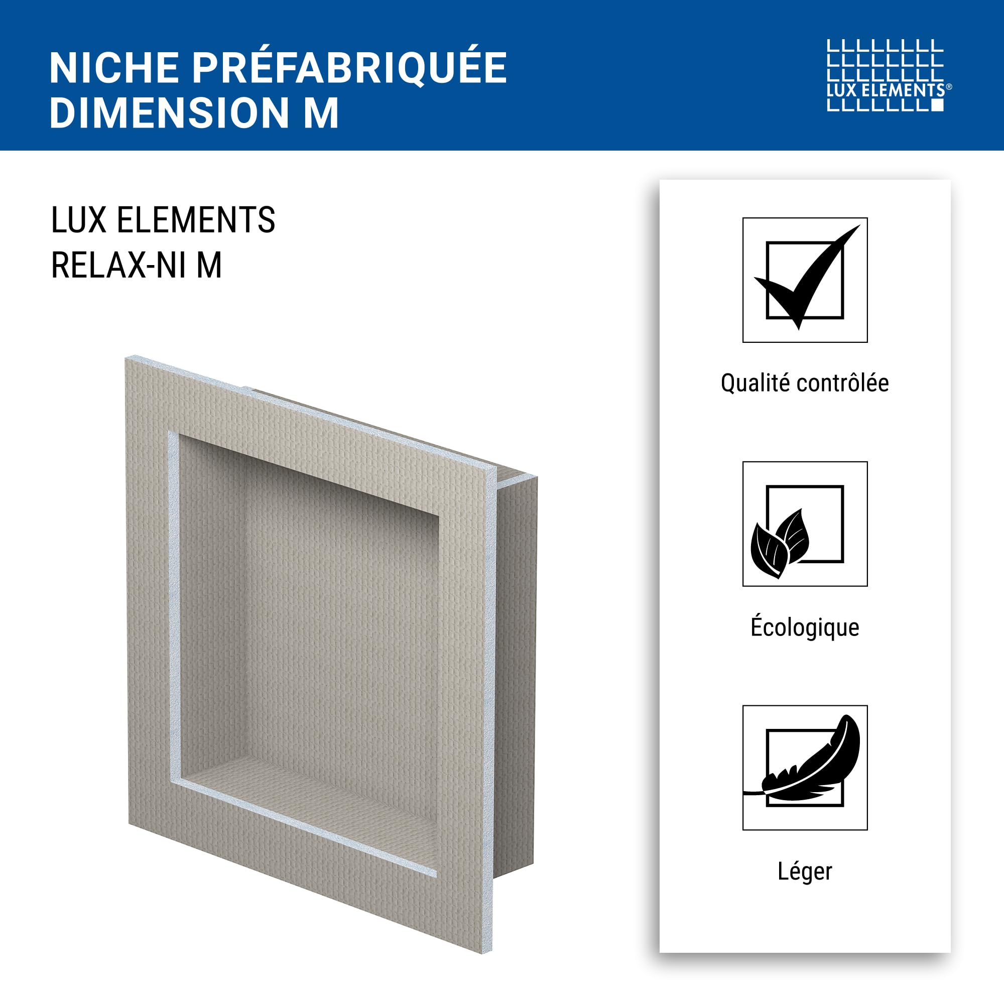 LUX ELEMENTS Niche prêt à carreler, dimensions 40,6 x 40,6 x 8,9 cm, RELAX-NI M LREL8201, gris