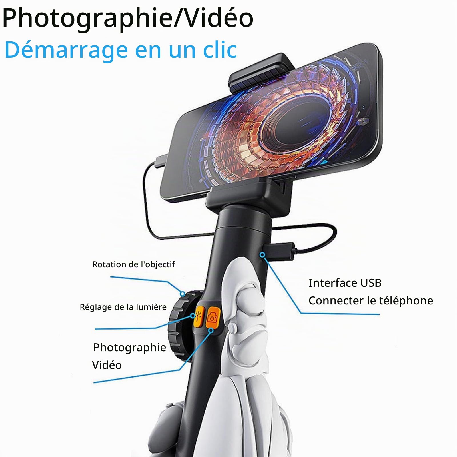 Caméra d'inspection endoscopique double objectif, endoscope articulé à 360°, endoscope avec lumière, lentille 6 mm sonde étanche IP67, 6 LED, pour téléphones Android/iOS (1 m)