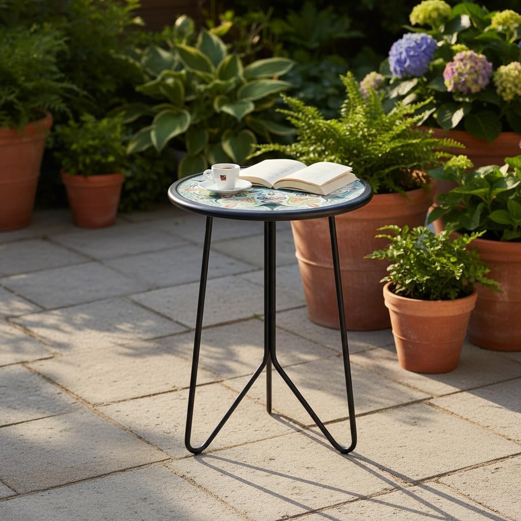 LIFFY Patio Side Table, 12" Outdoor Metal Side Table with Glass Top, Indoor Round Accent End Table for Living Room or Bedroom, Small Decorative Plant Stand Table for Garden Yard Balcony