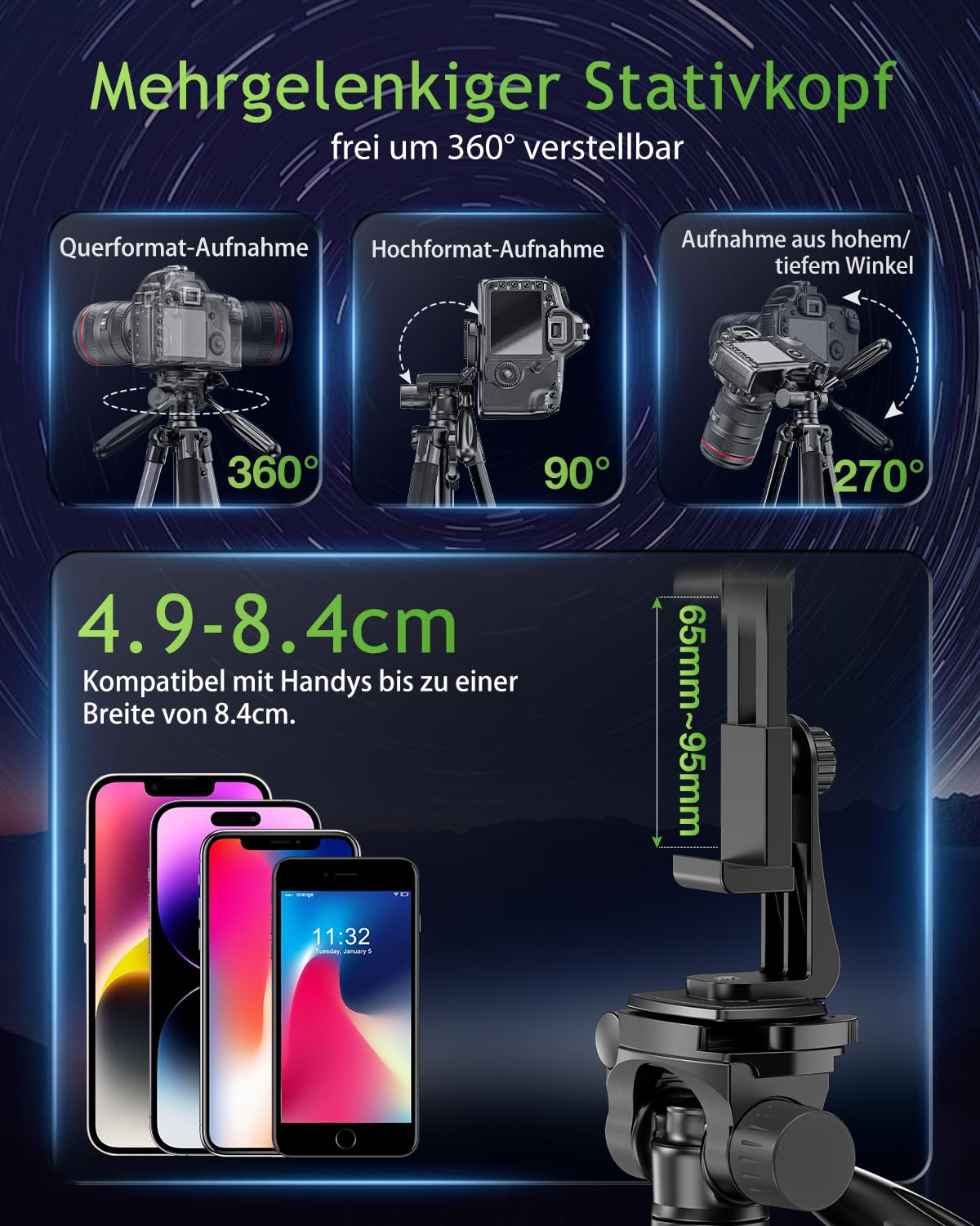CAMBOFOTO 74" Aluminium Kamerastativ mit 360° Kugelkopf, 1/4 Schraubbefestigung, 4kg Belastbar, Schwarz