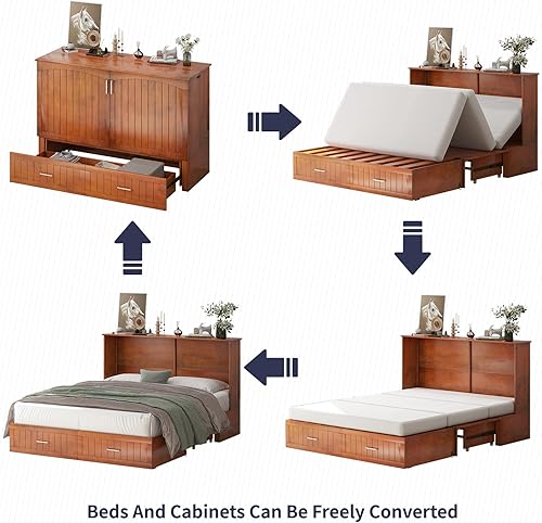 Miniatura 3 de ZAFLY Murphy - Cama Queen con colchón de espuma plegable, cama de pecho Murphy con estación de carga y cajones grandes, cama Murphy que ahorra