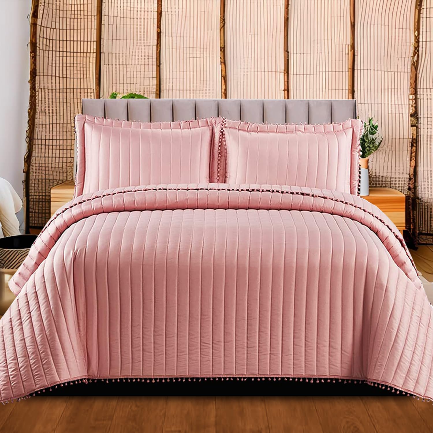 Super King Bedspreads Bed Throws for Bedroom Decor - Luxury 3 Pieces Polyester Filling Warm Bed Blankets Reversible Embossed Quilt Coverlets Bed Set - Pink