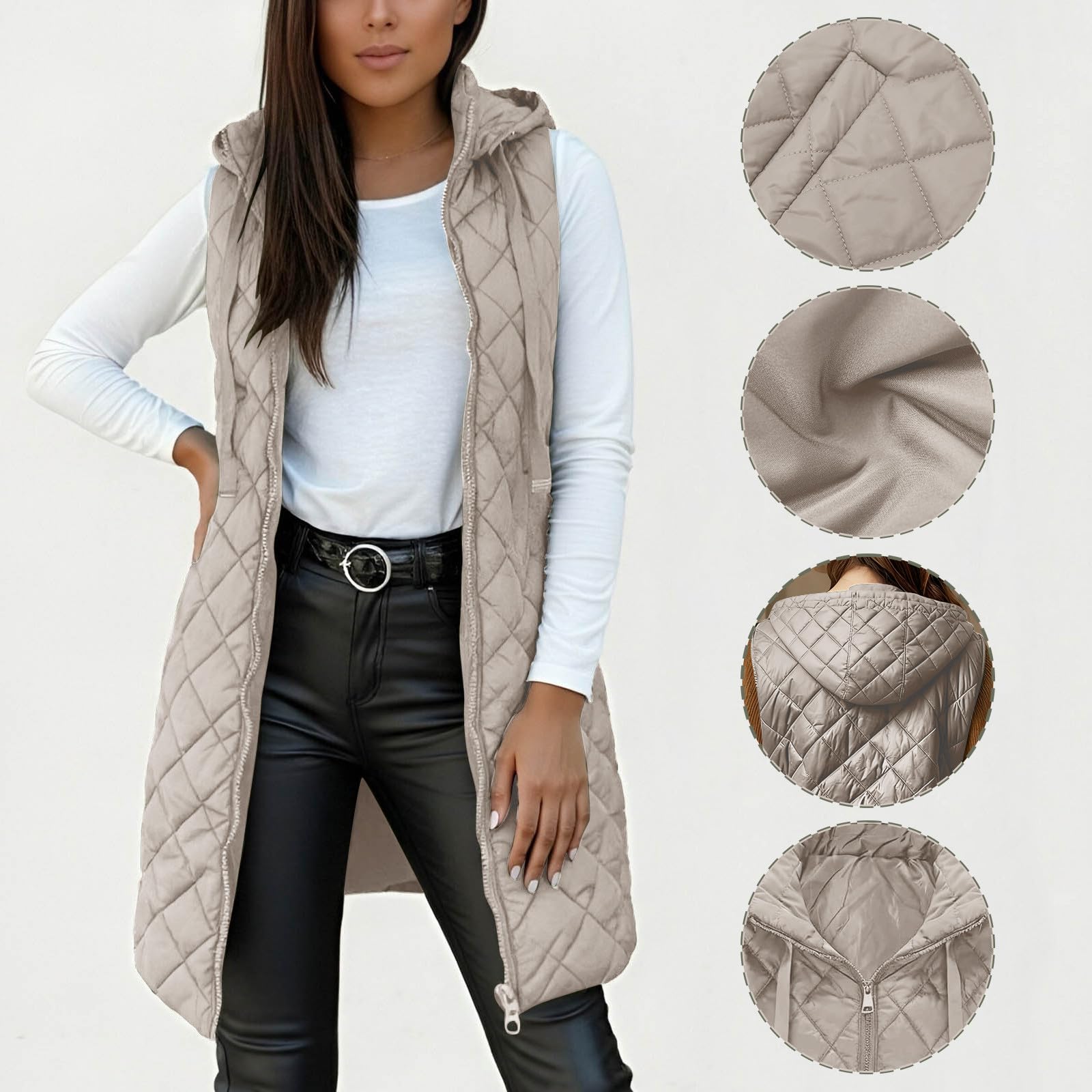 RLEHJN Leichte Steppweste Damen Lang Ärmellose Daunenweste Warme Wintermantel Damenweste Übergangsweste Reißverschlüsse Kapuzenweste Mit Leicht Jacke mit Taschen Wintermantel Winterjacke