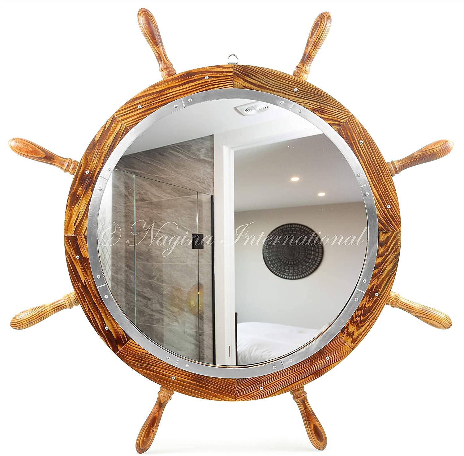 Nagina International Wooden Antique Brown Torched Santorini Beautiful Nautical Sturdy Large Mirror Ship Wheel | Bathroom & Room Wall Mounted Mirrors (24 Inches)