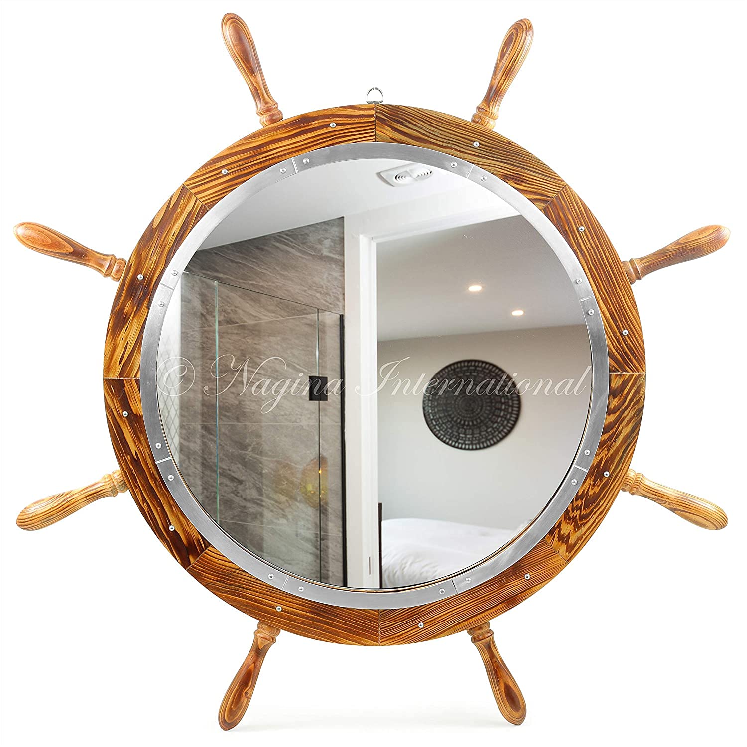 Nagina International Wooden Antique Brown Torched Santorini Beautiful Nautical Sturdy Large Mirror Ship Wheel | Bathroom & Room Wall Mounted Mirrors (24 Inches)