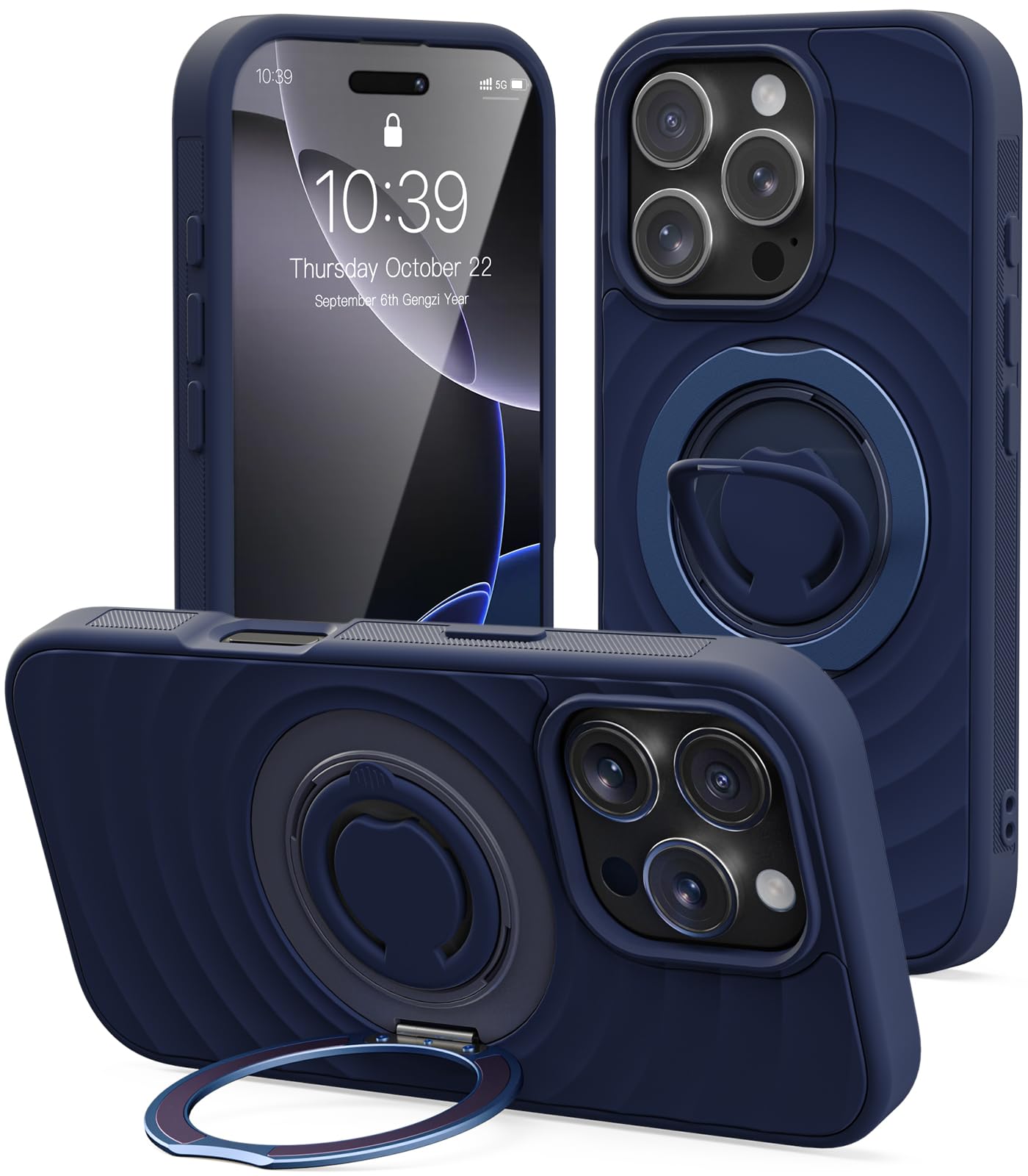 Mowei Compatible with iPhone 16 Pro Max Case, Magnetic Dual 360° Comfort Ring Grip Holder Stand, Military-Grade Drop Protection with Built in Kickstand, Anti-Slip Edge-Steel Blue