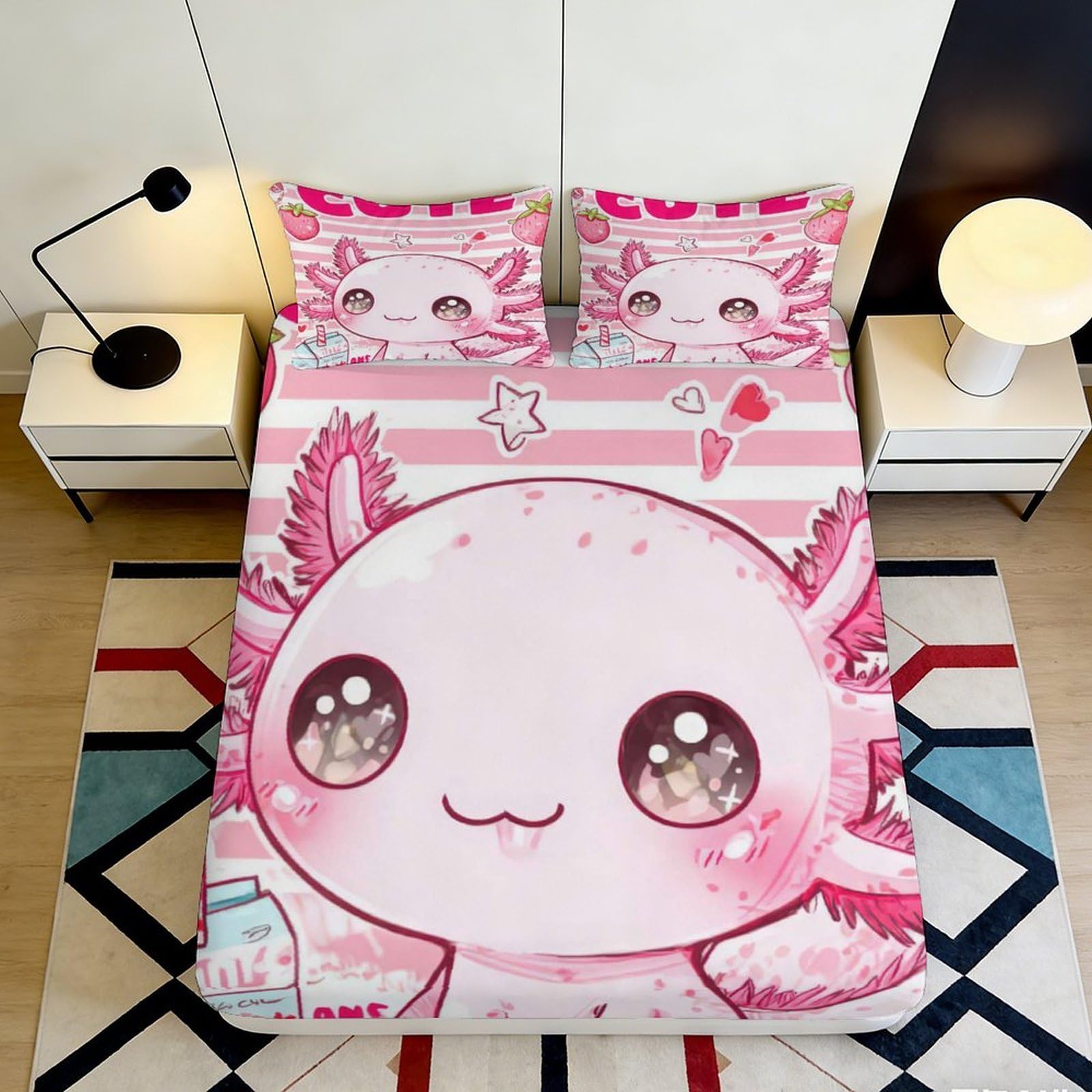 3D Printed Cute Pink Axolotl Fitted Sheet Microfiber Soft Bedroom Decor Kawaii Cartoon Mattress Cover for Home Dorm 90x200x25cm