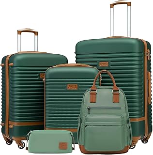 Koffer Trolley Koffer Reisekoffer von ABS Hartschalen Trolley 4 Rollen TSA-Schloss Der Koffer Enthält 1 Reiserucksack und 1 Kulturbeutel (Dunkelgrün/Braun, Koffer-Set 5tlg)