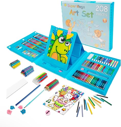 Super Mega Art Set for Kids, 208 Pieces, Blue | Ages 3+, Built-in Easel, Portable Carry Case, Coloured Pencils & Markers, Drawing & Colouring Kit