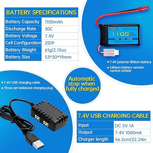 Miniatura 3 de Batería Lipo de 7.4 V 1100 mAh con cargador 2 en 1 para Wltoys A949 A959 A969 A979 K929 RC Car, compatible con la mayoría de camiones RC de relación