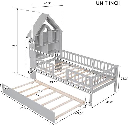 Miniatura 2 de RUNWON Cama de plataforma en forma de casa de tamaño individual con barandillas de valla y nido para dormitorio de niños y adolescentes