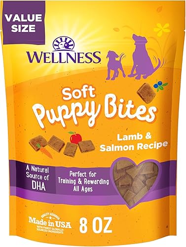Wellness Soft Puppy Bites Natural Grain-Free Treats for Training Dog Treats with Real Meat and DHA No Artificial Flavors Soft Lamb Salmon Crunchy