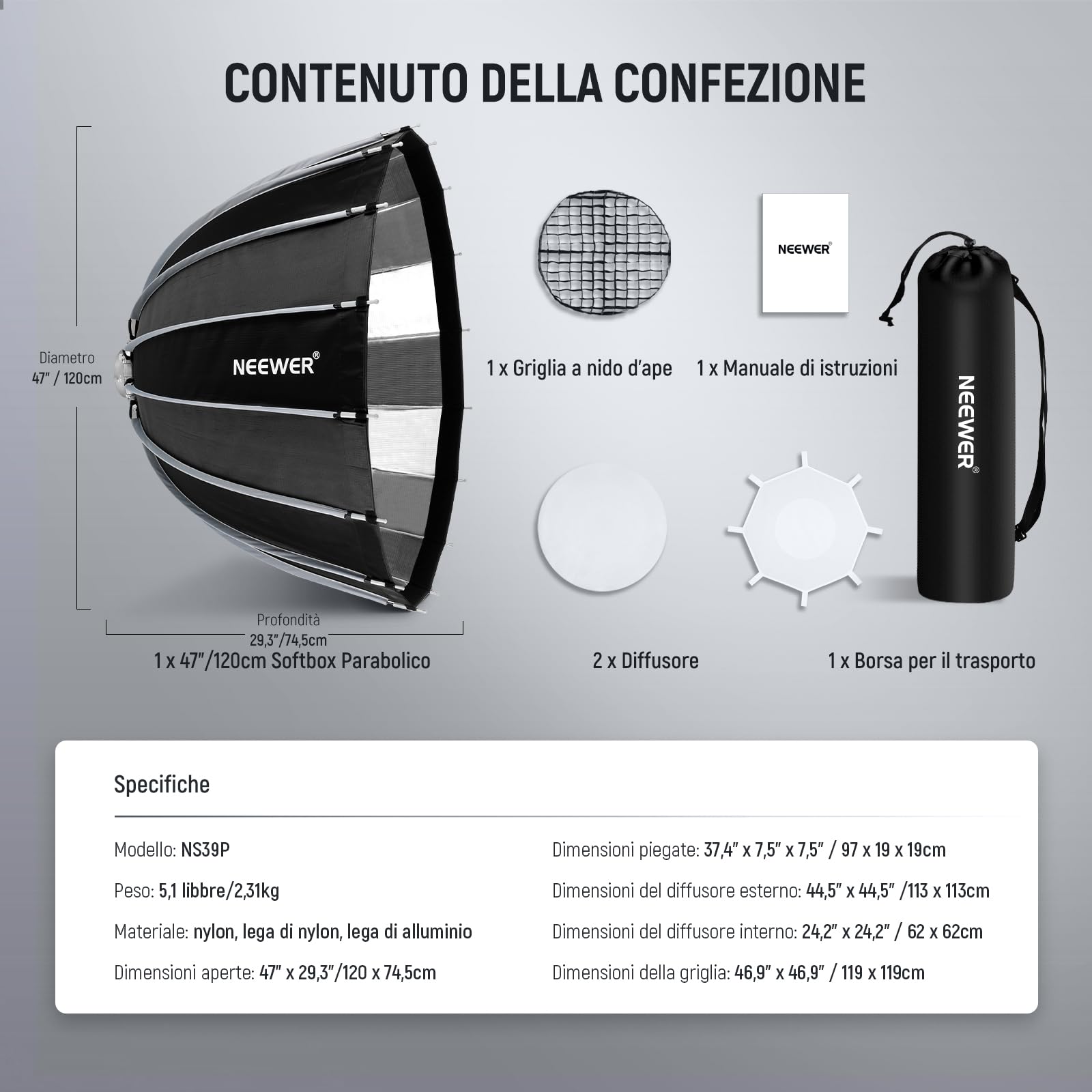 NEEWER BASICS Softbox Parabolico ad Attacco Bowens, 120cm Soft Box a Sgancio Rapido con Diffusore/Griglia/Borsa Compatibile con Godox Compatibile con Aputure 600d Luce per Foto Video da Studio, NS39P