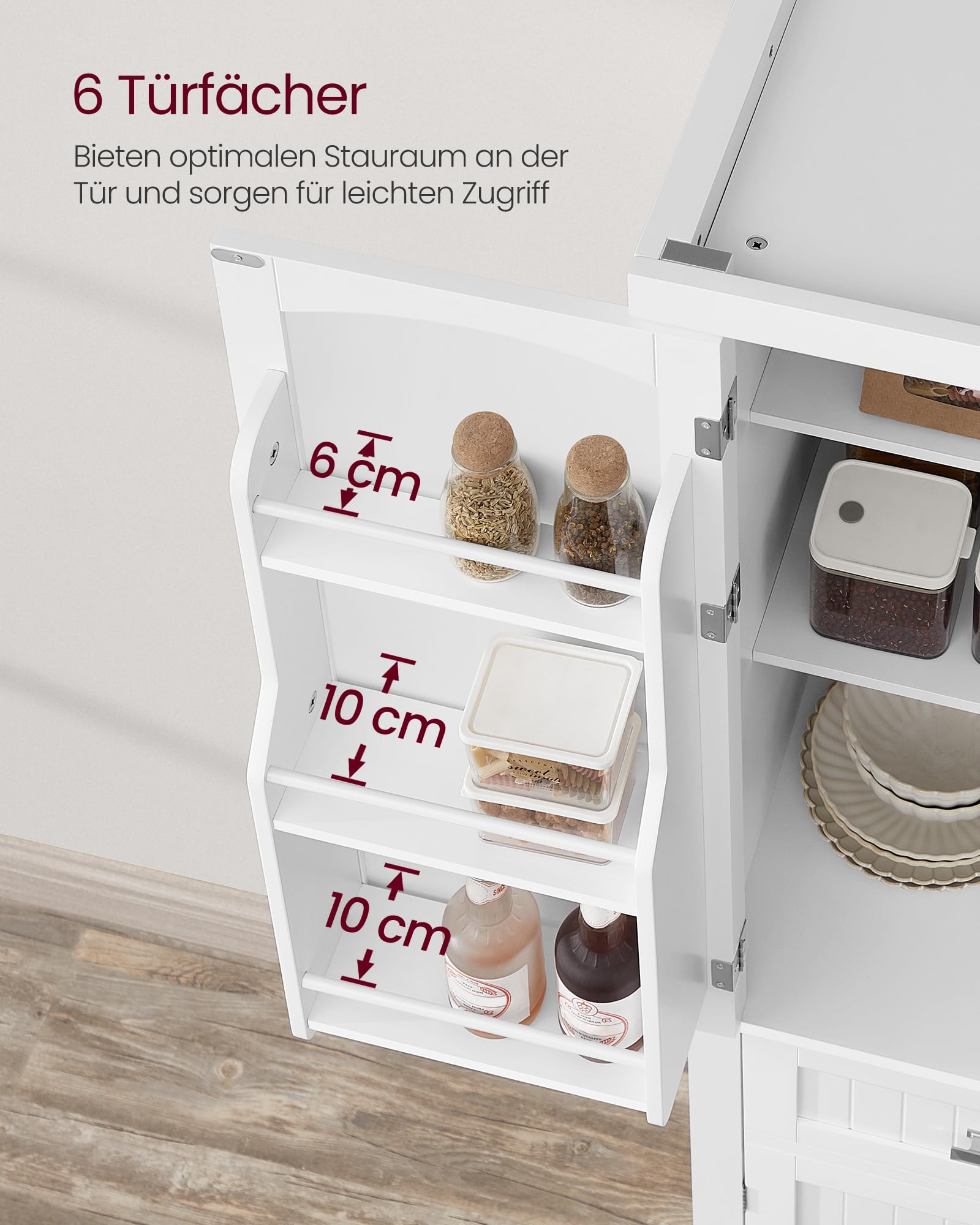 VASAGLE Küchenschrank, Hochschrank Küchenbuffet Vitrinenschrank, Buffetschrank mit Verstellbaren Ablagen, Esszimmerschrank mit Schubladen, für Wohnzimmer Küche, 40 x 76 x 182,1 cm, Weiß BBC561W21
