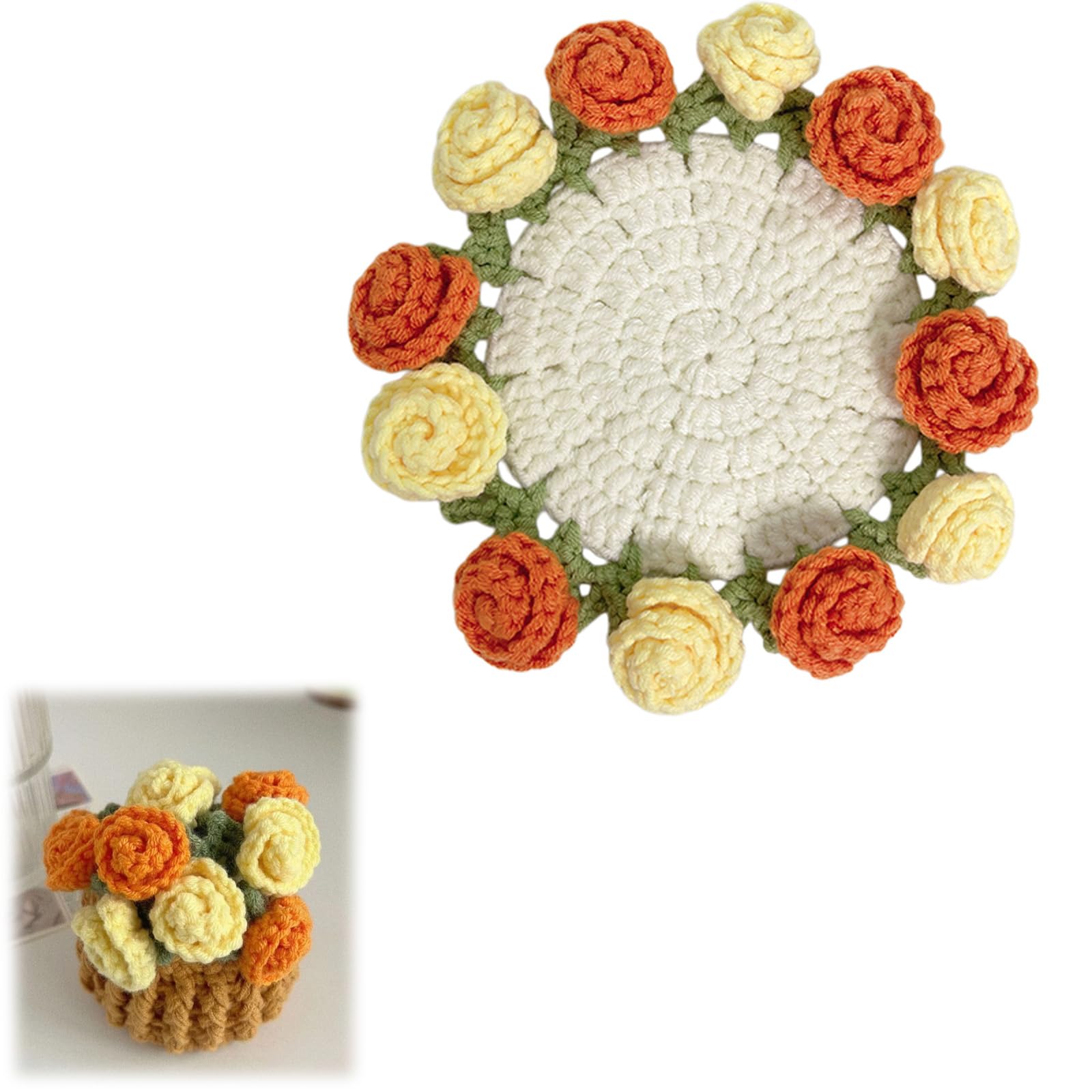 Crochet Coasters with 3D Rose and Flower Pots Lovely Decorative Accessories Warm Insulation Placemat Lover ' s Day Present
