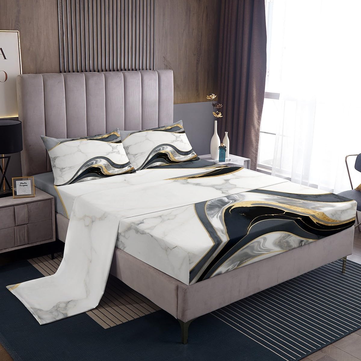 Erosebridal Abstract Marble Full Bed Sheets for Adults Men Women,Black Grey White Marbling Art Sheet Set Modern Marble Grain Bedding Set Bronzing Sequins 1 Fitted Sheet 1 Flat Sheet 2 Pillow Cases