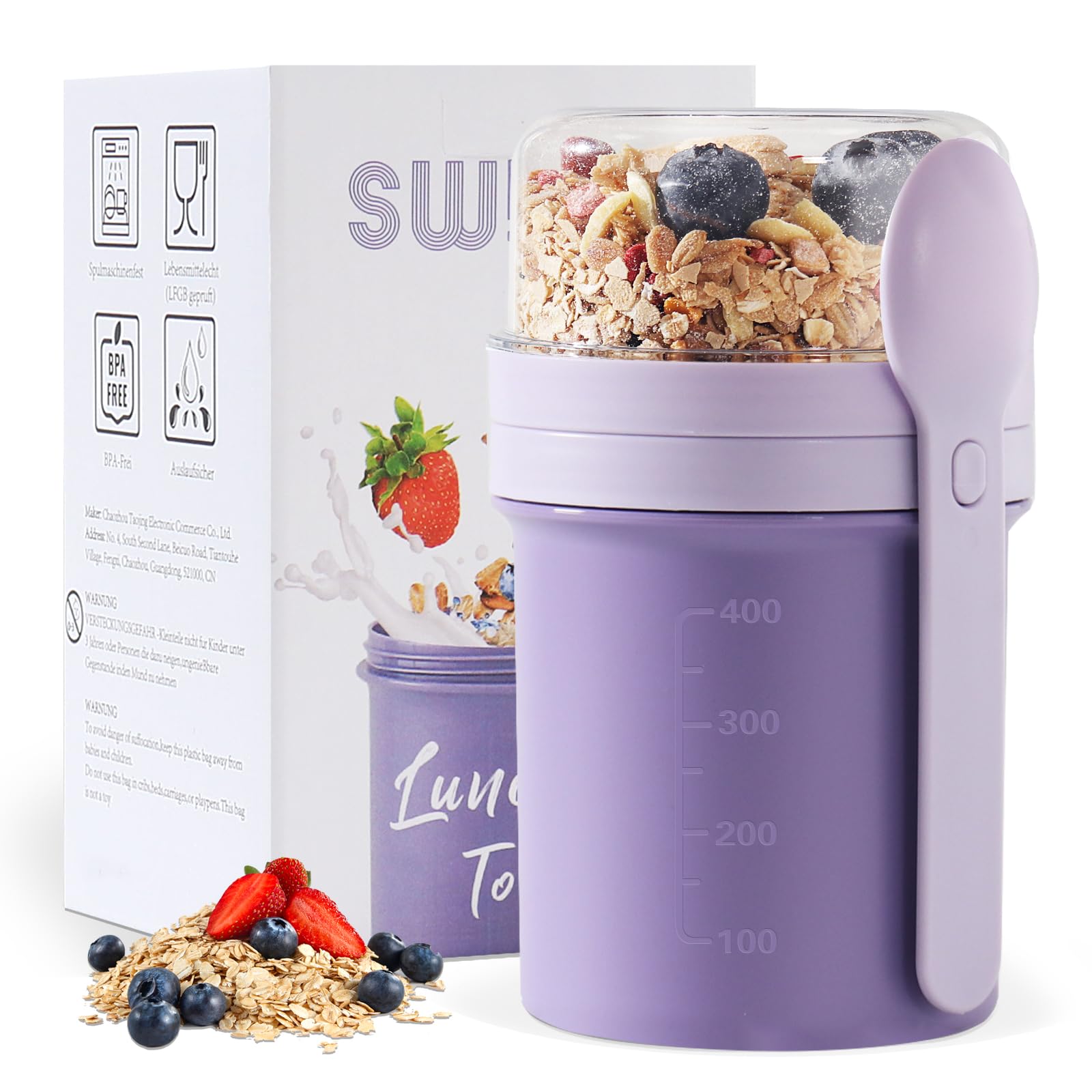Swkien MüSlibecher to Go, Joghurtbecher to Go 450ml+250ml, Joghurt to Go Becher mit Löffel, Müsli Becher to Go für Müsli & Joghurt, Auslaufsicherer Müsli Cup to Go, Lunchpot(Vivid Lilac)