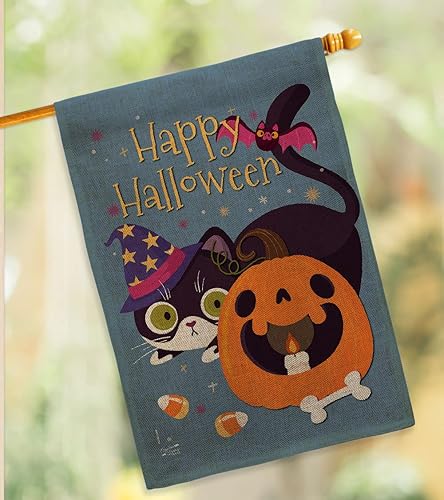 Miniatura 10 de Juego de bandera de casa de arpillera de gato brujo para otoño, Halloween, truco o trato espeluznante noche negro temporada otoño calabaza
