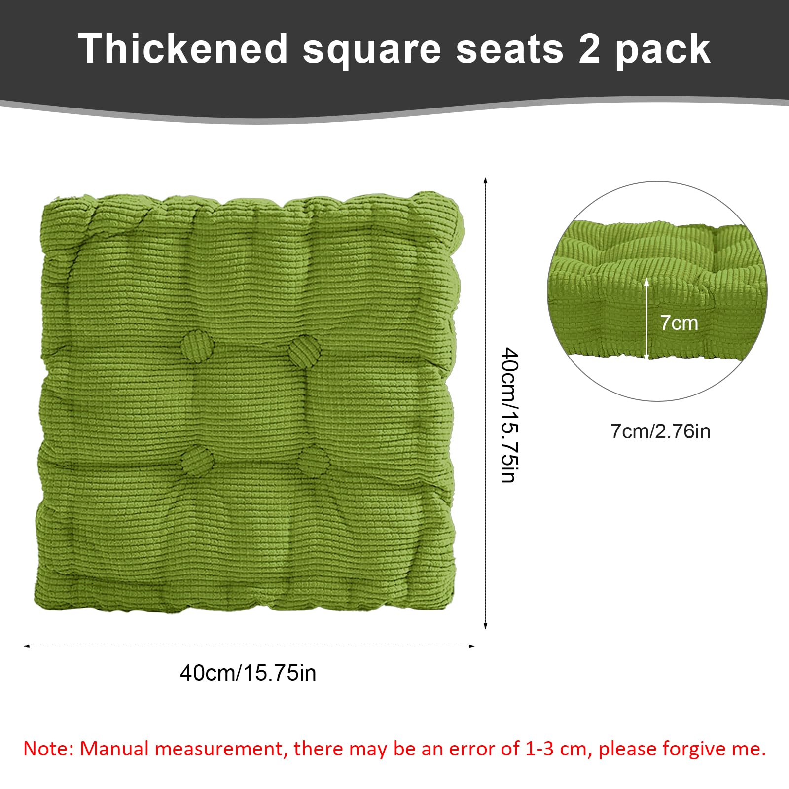 Juego de 2 Cojines para Sillas, 40 x 40 cm Cojines Sillas Gruesos, Cojin Silla para Exterior e Interior, para Sillas de Jardín, Cocina, Balcón, Comedor (Verde, Cuadrado)