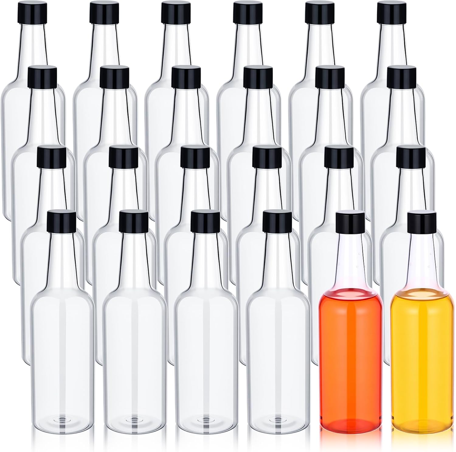 Patelai 24 Pcs Plastic Wine Bottles with Caps 11oz Long Neck Quart Plastic Bottles with Screw on Lids Empty Clear for Kitchen Home Bar Party Hold Liquor Drinks Wine Condiment Beverages