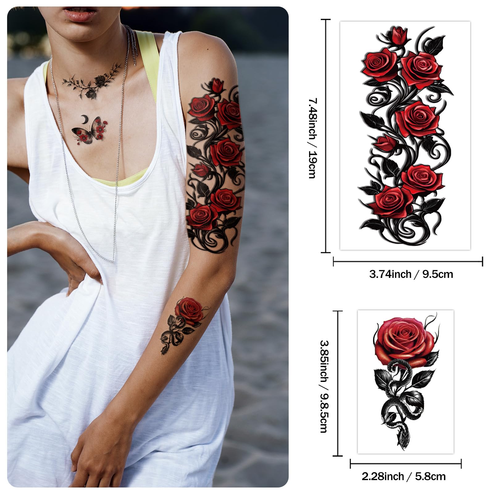 77 Sheets Skull Flower Realistic Temporary Tattoos for Women Men Adult Large Rose Bones & Flowers Floral Fake Tattoos Girl - Image 3