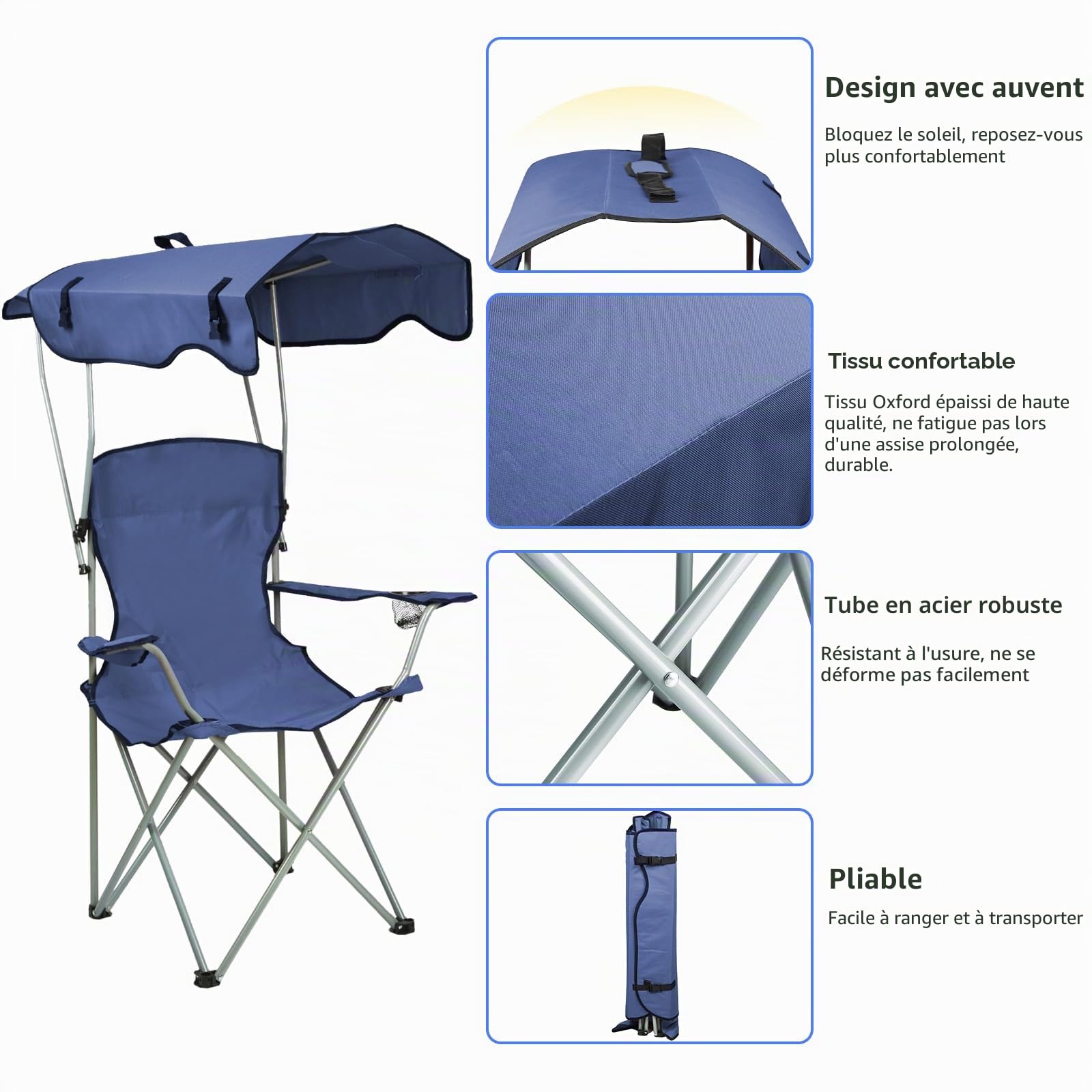 Chaise de Camping Pliante, Fauteuil Camping Extérieur avec Auvent, Porte-gobelets et Sac de Transport, Idéal pour Plage, Pêche, Barbecue, Pique-nique, Charge 120 KG-50*50*90/120CM-bleu marine-1