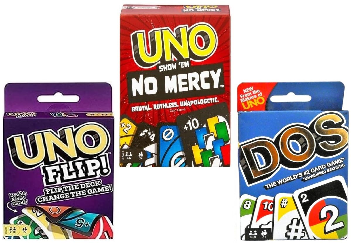Mattel Uno No Mercy, Flip and Dos Card Game, Combo Pack of 3