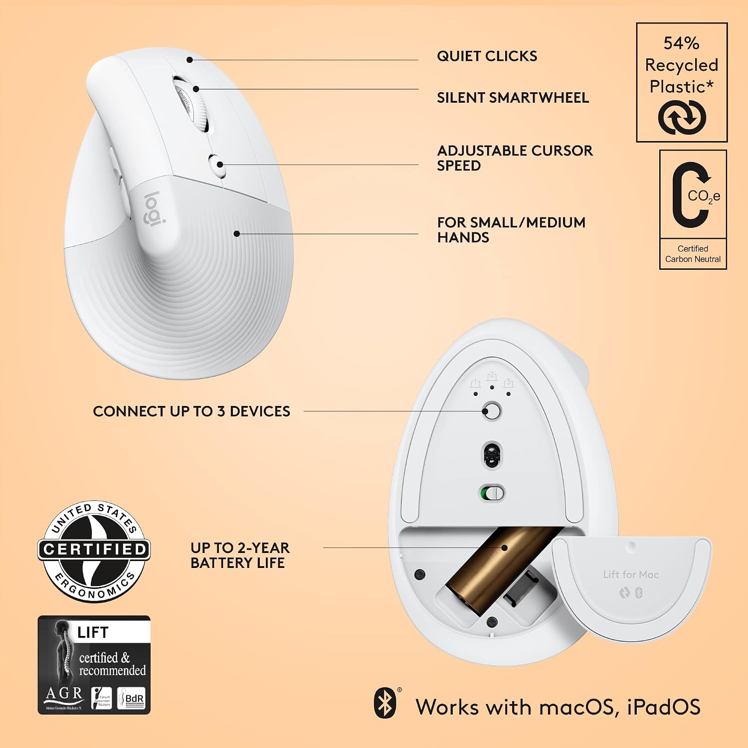 Logitech Lift for Mac Wireless Vertical Ergonomic Mouse, Bluetooth, Quiet Clicks, Silent Smartwheel, 4 Customisable Buttons, for macOS/iPadOS/MacBook Pro/ Air/iMac/iPad - Off White