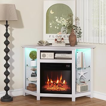 RELAX4LIFE Corner Fireplace TV Stand - Electric Fireplace Entertainment Center w/Heater Insert, LED Lights, APP Control & Adjustable Shelves, Media Console Cabinet for TVs up to 50 White