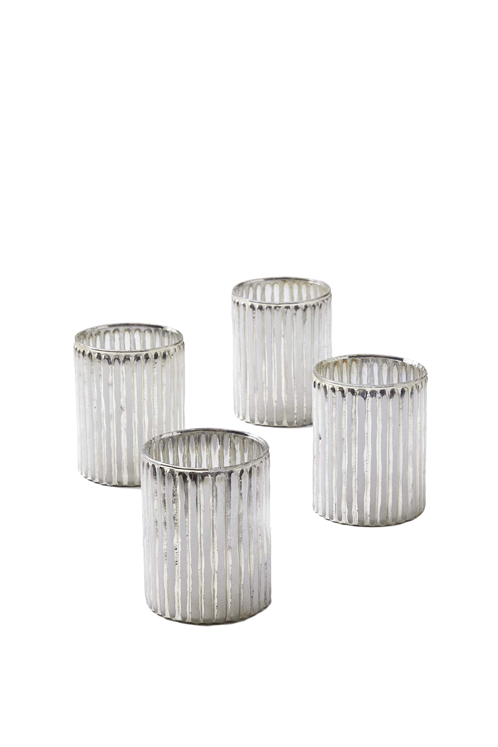 Serene Spaces Living Set of 4 Corrugated Glass Silver Votive Candle Holders, Ideal for Winter Wedding Decorations, Parties, Events, Christmas Dinner Tablescape, 4