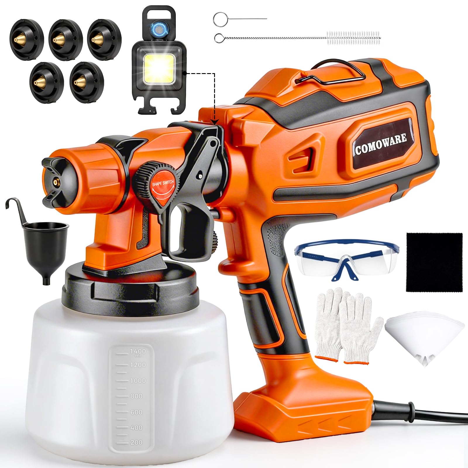 COMOWARE Pulverizador de pintura, pistola pulverizadora HVLP de 1000 W, flujo ajustable, 5 boquillas y 3 patrones, recipiente desmontable de 1400 ml, para muebles, armarios, vallas, paredes y