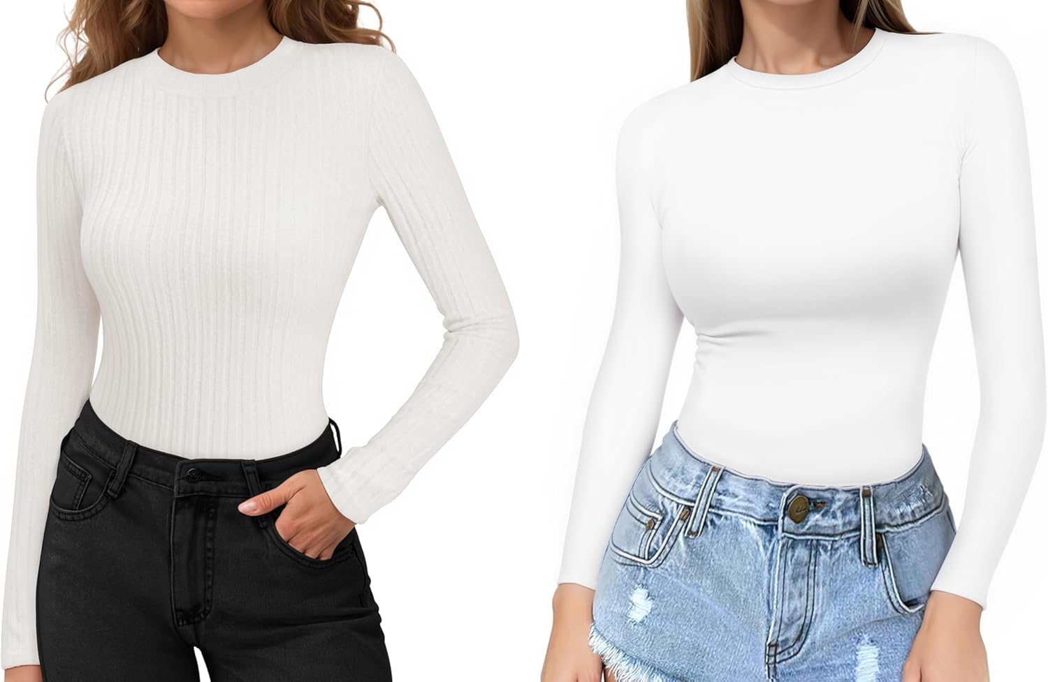 MANGOPOP Crew Neck Long Sleeve Shirts for Women Ribbed Thermal Tops