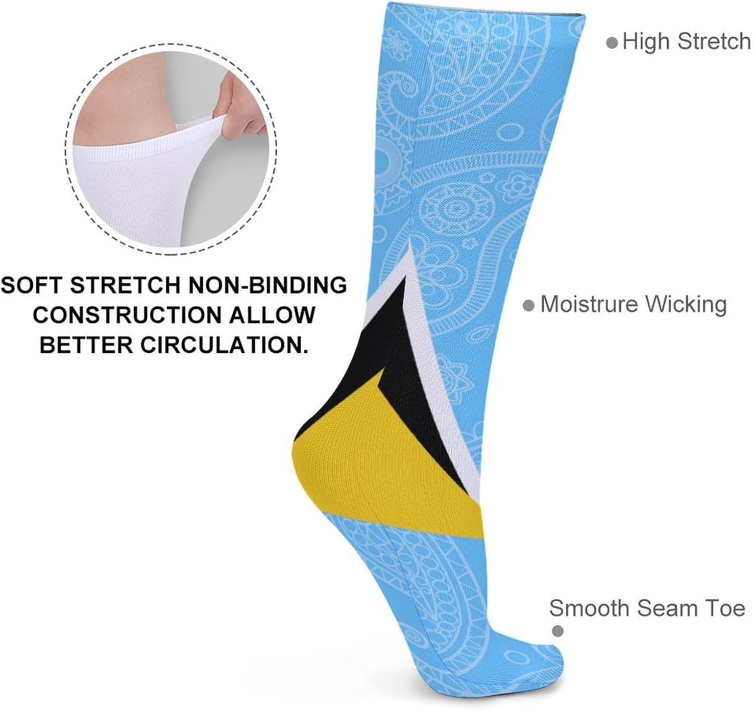 Saint Lucia Paisley Flag Knee High Socks Casual Long Stockings Over Calf Sock Tube for Women Men