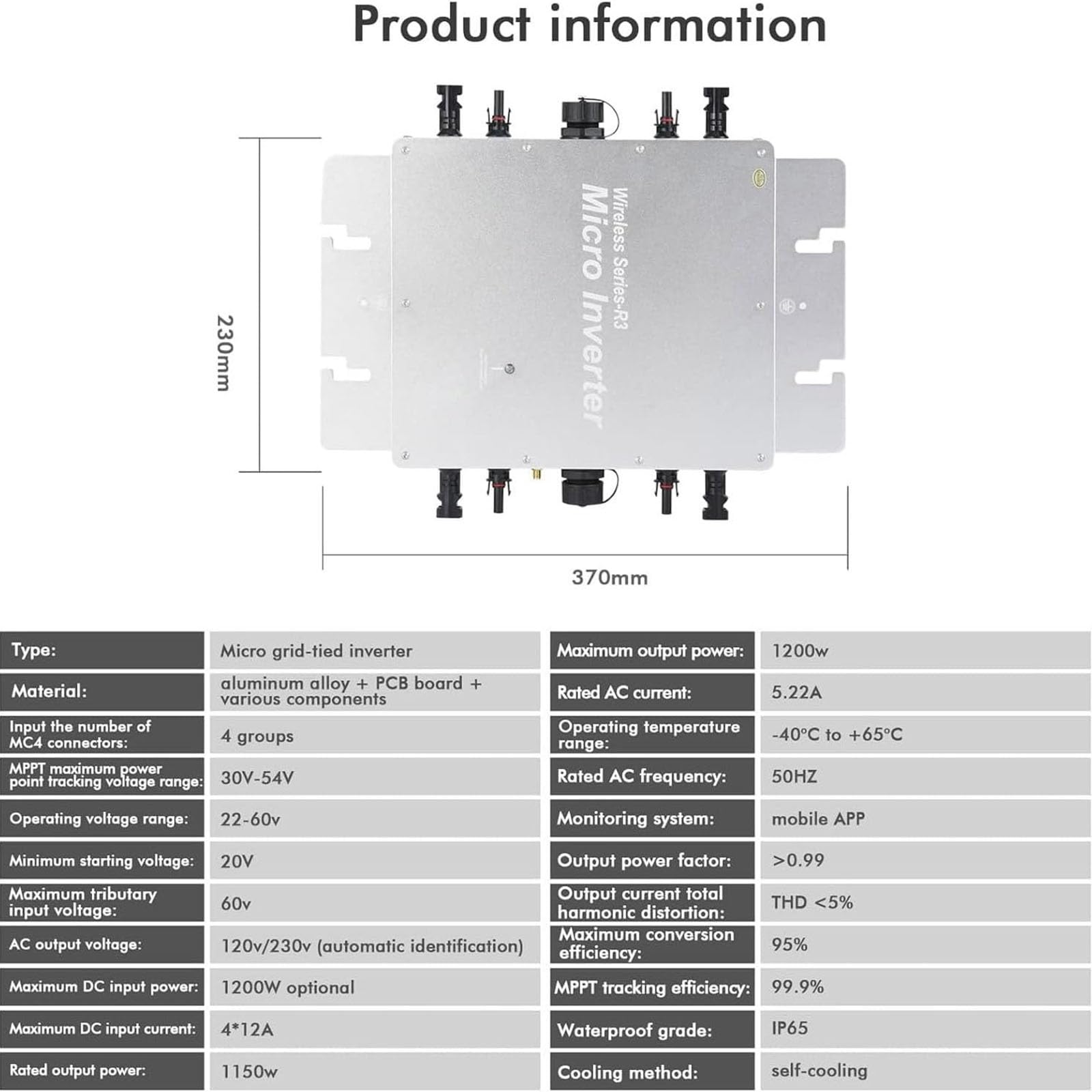 Micro Inverter 1200W-1600W e Inverter Solare Grid Tie con MPPT, funzionamento stabile, protezione integrata e design per impianti fotovoltaici(1200W)