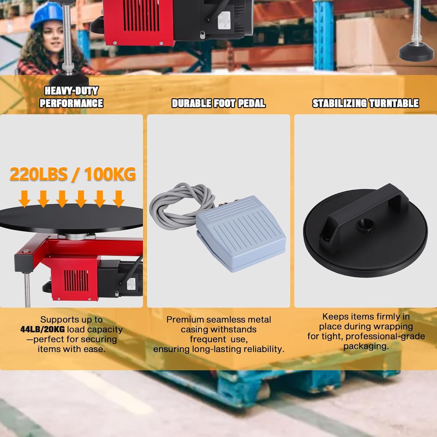 Elektrische Palettenverpackungsmaschine - 30 U/min, 100 kg Kapazität, Fußschalter & Drehteller, halbautomatischer Stretchfolienspender für Lager- und Industrieverpackungen