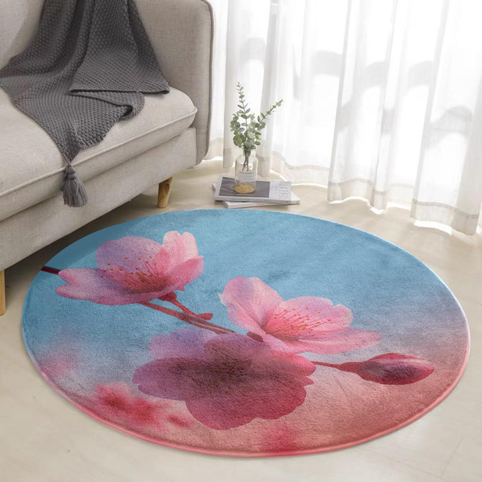 Tapis élégante rose rond 100 cm en peluche douce haute qualité