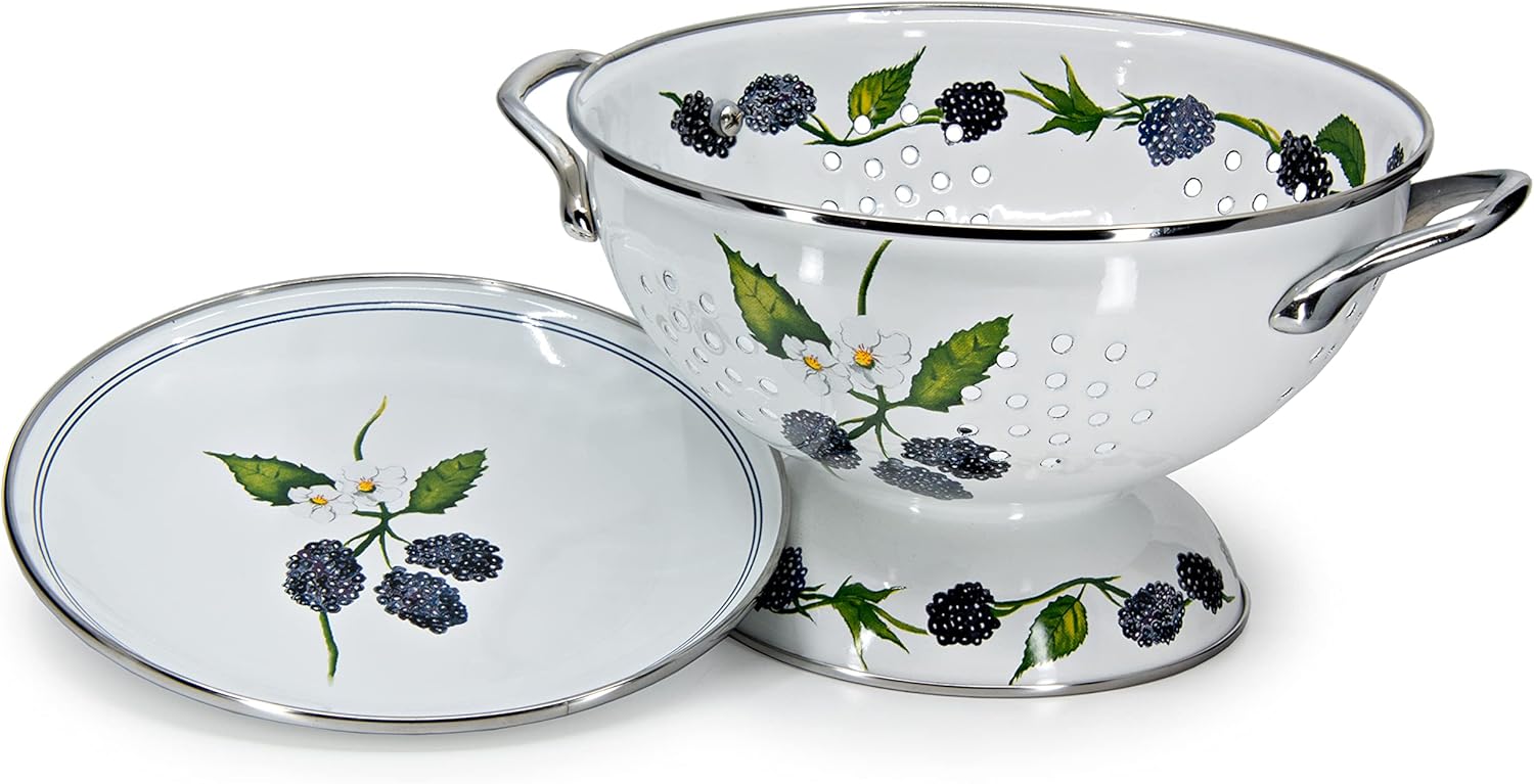 Golden Rabbit Enamelware Colander and Drip Plate Gift Set, Blackberry