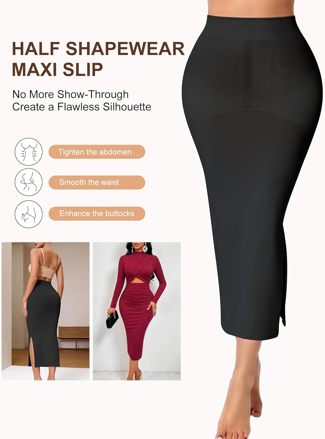 Half Shapewear Slip for Women Under Dress, Tummy Control High Waist Seamless Maxi Skirt Body Shaper - Image 3