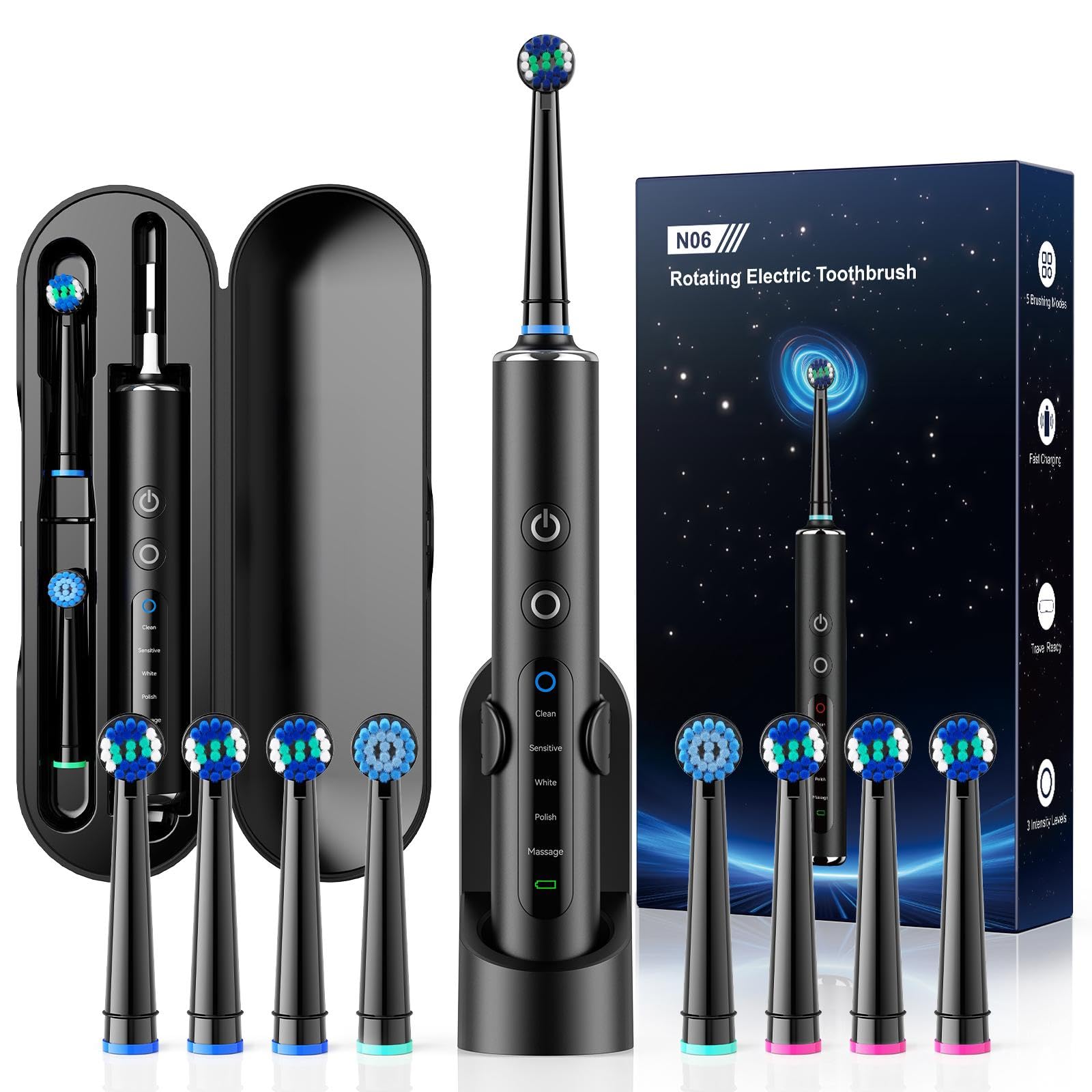 Electric Toothbrush Rotating with Round Brush Head for Adults and Children, 50,000 Movements/Min, 8 Brush Heads, 3 Intensities & 5 Modes, 120 Days Battery, IPX7, Travel Case & Wall Mount-image-6