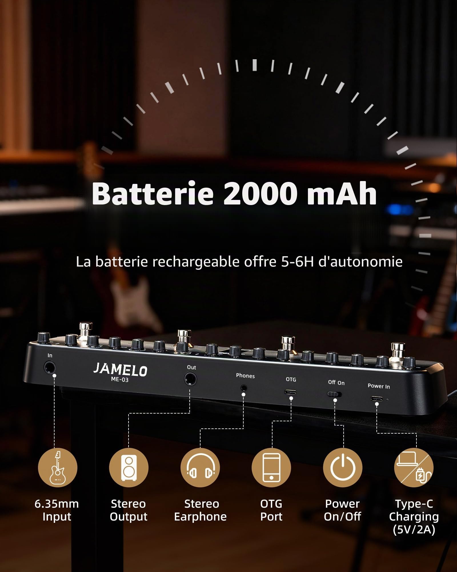 Jamelo - Pédale de guitare électrique multi-effets, avec 40 préréglages modifiables, 7 modules d'effets populaires, chœur, retard, réverbération, mod, batterie rechargeable