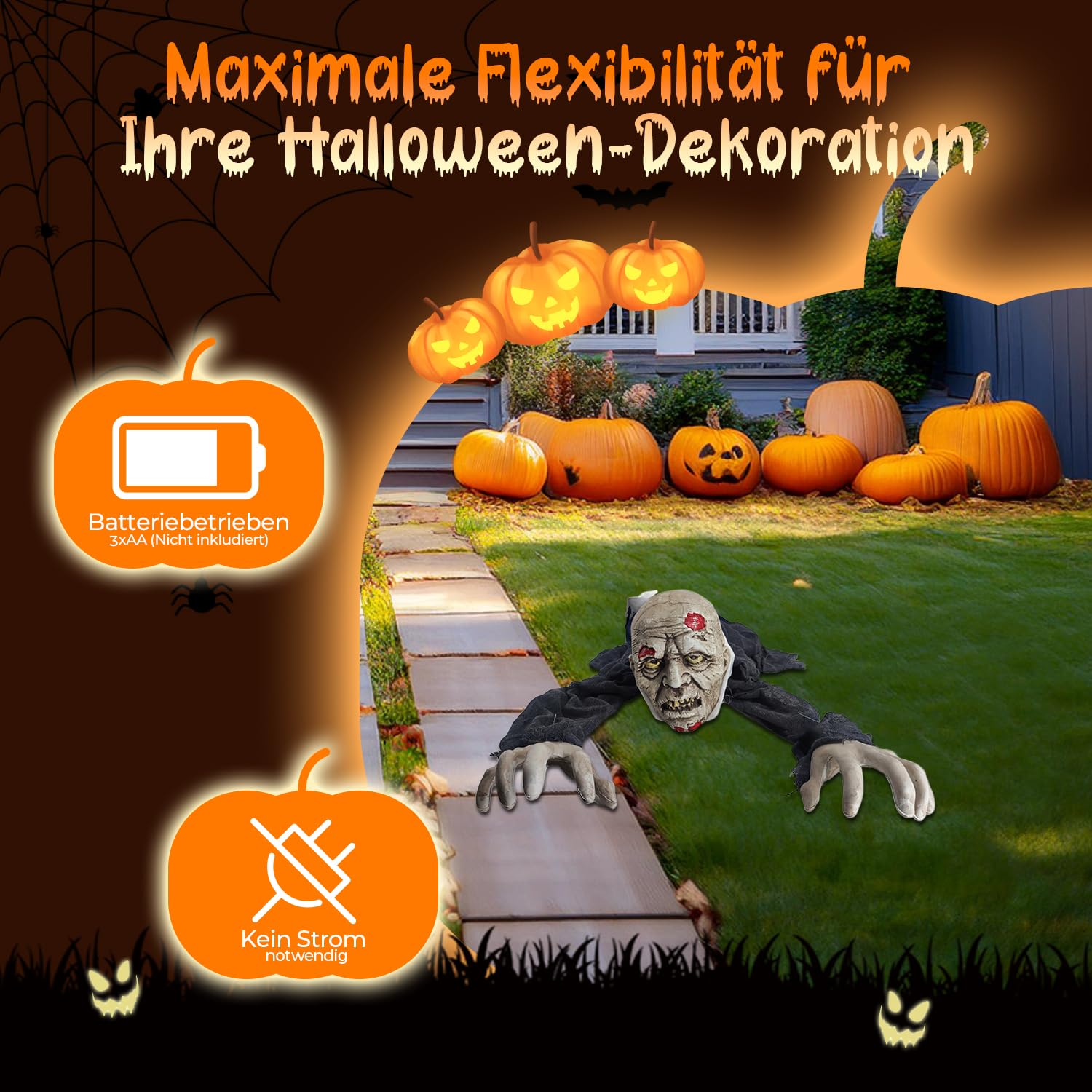 Dekoracja na Halloween Zombie 1,40 m – pełzająca straszna figurka z ruchem ramienia, czerwone oczy LED | dźwięk – figurka Halloween SHXHD2403 na baterie – dekoracja na imprezę, wejście, korytarz i