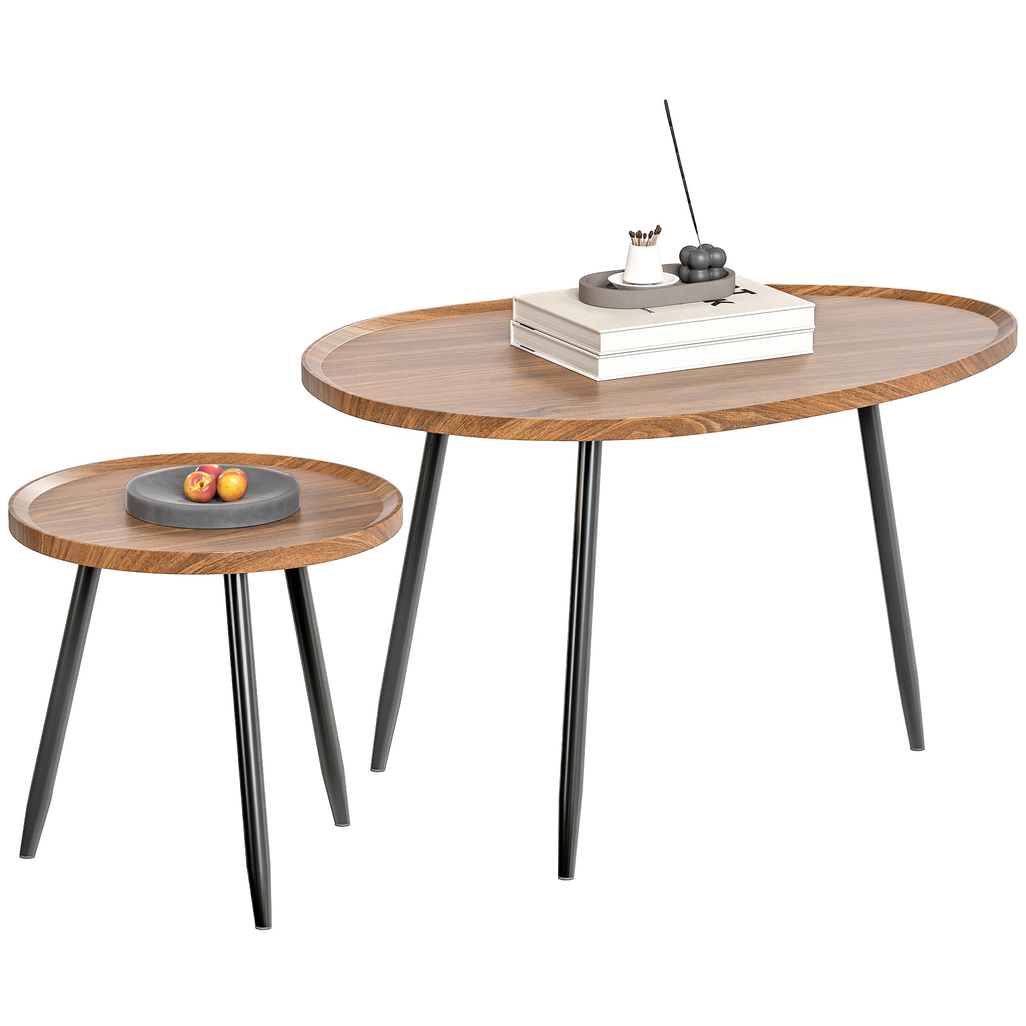HOMCOM Nesting Coffee Table Set of 2, 80cm Modern Stacking End Side Table with Metal Legs for Living Room Bedroom Office, Chestnut Wood Effect