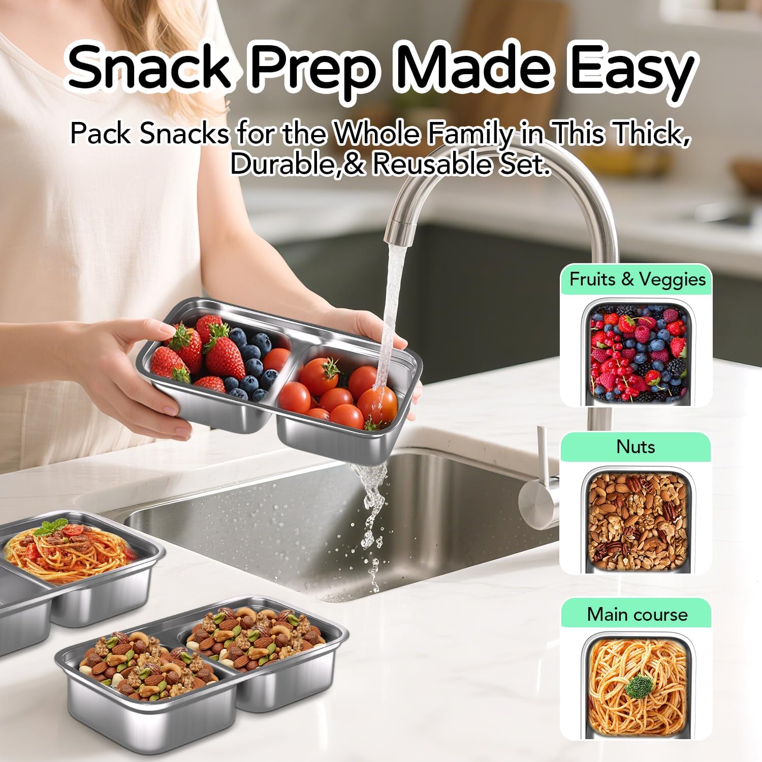 2 Pack Stainless Steel Snack Containers, Reusable Grab and Go Snack Containers, Food Storage Containers Double Compartment with Lids for Snack Lunch - Image 3