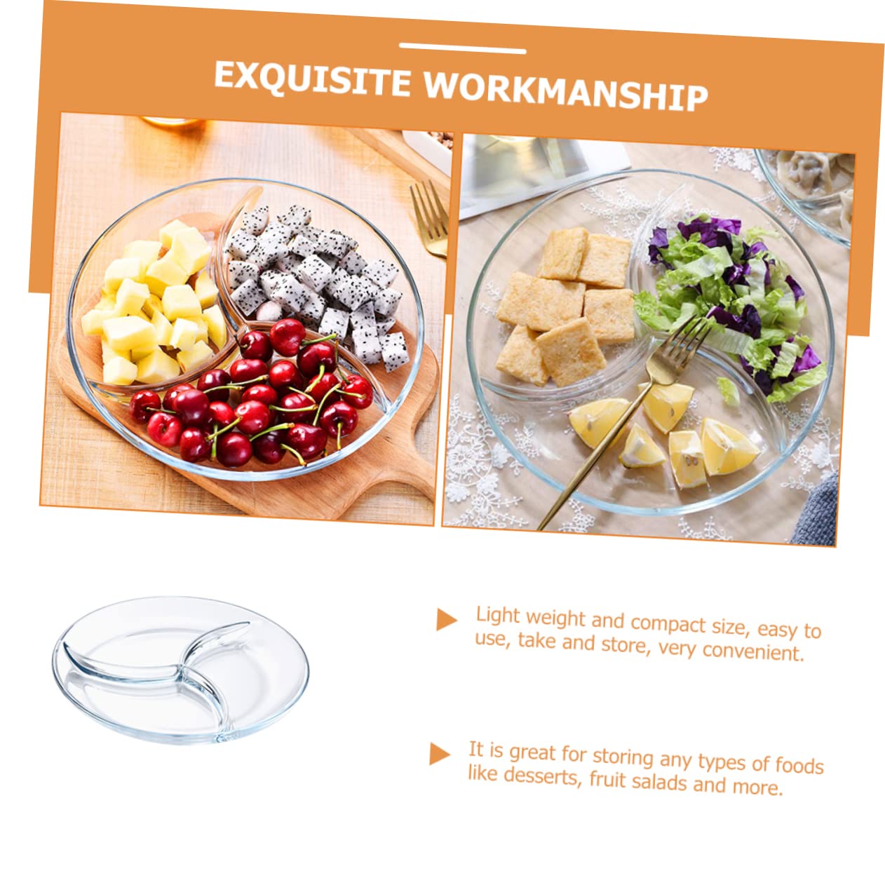 Mikinona Plat Divisé Plateau à Collation en Verre Trempé 3 Compartiments pour Réchauffer les Aliments, Séparation des Portions, Repas en Famille