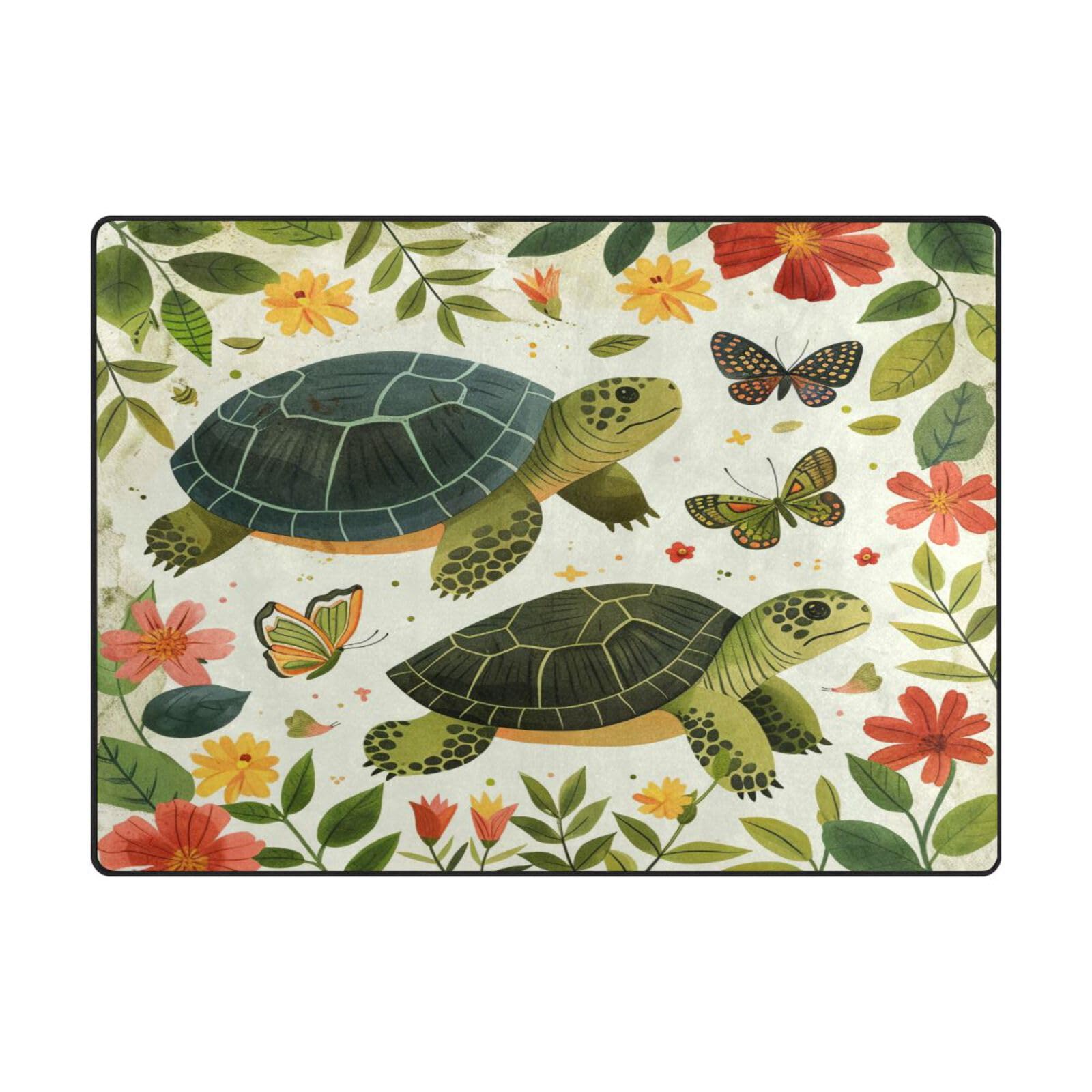 Grand tapis de sol 203 x 147 cm motif tortue et papillons contemporain